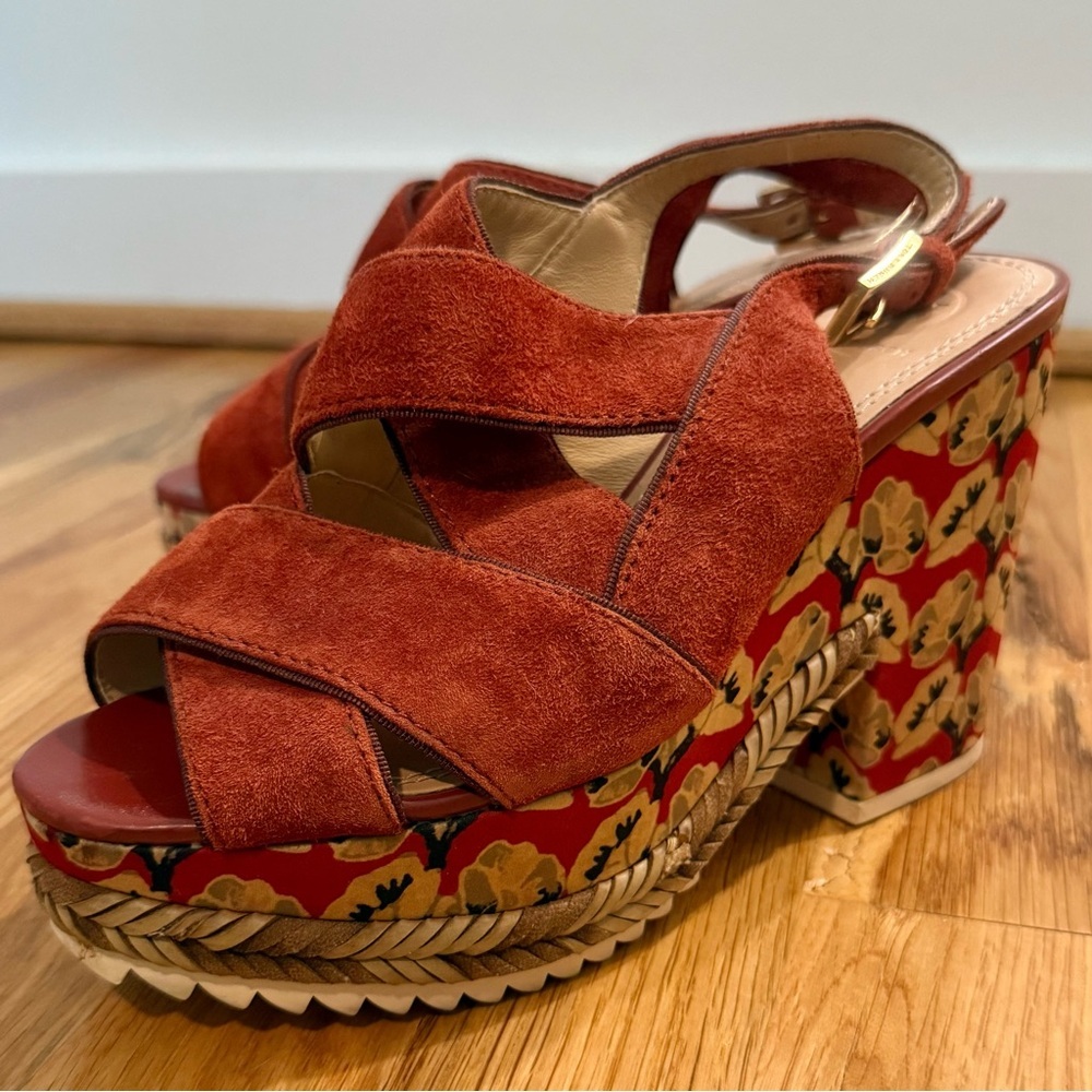 Tory Burch Rare Suede Platform Heels – Floral Block Heel – Size 6